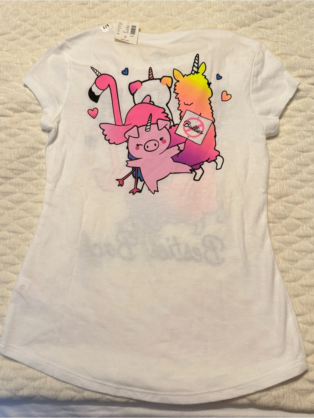 Justice T Shirt Double Sided Kids Size 6/7 Friends No Bullies Llama Pug Flamingo
